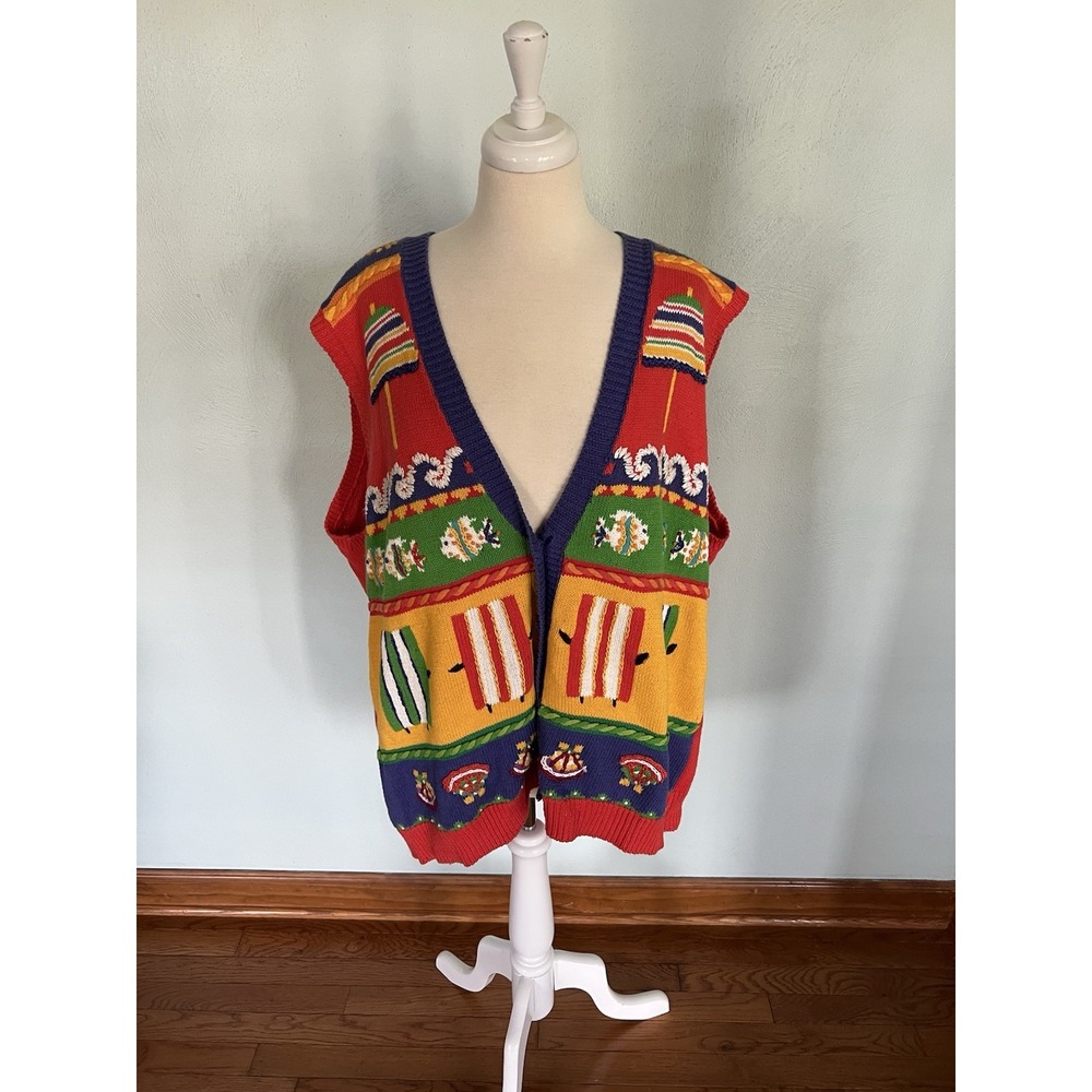 Marisa Christina Sz 2X Vintage‎ Art-to-Wear 90s FISH Sea Colorful Sweater Vest